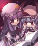  bat_wings blue_hair book hat long_hair multiple_girls patchouli_knowledge purple_eyes purple_hair reading red_eyes remilia_scarlet short_hair touhou wings yuzuki_gao 