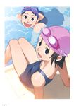  absurdres black_eyes child copyright_request goggles highres multiple_girls one-piece_swimsuit school_swimsuit short_hair smile swim_cap swimsuit takamichi 