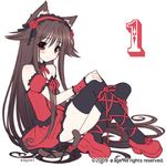  1girl animal_ears artist_name black_legwear blush brown_eyes brown_hair cat_ears cat_tail curly_hair dress hair_flaps hairband hand_on_own_knee leg_ribbon lolita_fashion lolita_hairband long_hair looking_at_viewer lowres owari_naki_natsu_towa_naru_shirabe platform_footwear ribbon sayori simple_background sitting smile solo tail takanashi_mio thighhighs very_long_hair watermark white_background wrist_cuffs 