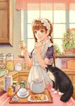  apron braid brown_hair cat cookie cup food green_eyes kitchen long_hair maid maid_headdress original plant potted_plant solo soujirou sugar_bowl teacup teapot twin_braids 