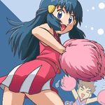  1girl alternate_costume artist_request blue_hair cheerleader from_below hikari_(pokemon) lowres pokemon pokemon_(anime) pom_poms takeshi_(pokemon) 