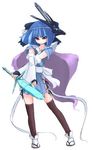  angry blue_hair cosplay detached_sleeves girl kneehighs pokemon ribbon ribbons short_hair suicune sword weapon 