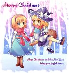  alice_margatroid blonde_hair blue_eyes braid broom broom_riding christmas hairband hat kirisame_marisa mochiya_marosuke multiple_girls scarf short_hair sidesaddle touhou witch_hat yellow_eyes 