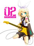  aqua_eyes blonde_hair guitar hair_ornament hair_ribbon hairclip headphones instrument kagamine_rin kneeling okazaki_mitsuki ribbon sailor_collar shorts simple_background smile solo vocaloid 