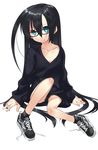  aqua_eyes black_hair copyright_request flat_chest glasses long_hair midori_no_ruupe shoes shorts sitting smile sneakers solo sweater 