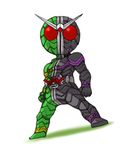  antennae belt black_bodysuit bodysuit chibi clenched_hands goggles green_bodysuit headgear kamen_rider kamen_rider_double kamen_rider_w kaos looking_at_viewer male_focus simple_background solo white_background 