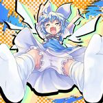  bloomers blue_hair blush child cirno fang feet foreshortening from_below happy k2pudding pov_feet ribbon socks solo touhou underwear 