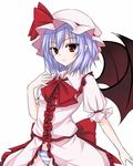  bat_wings blush bow hat lavender_hair panties red_eyes remilia_scarlet short_hair simple_background solo striped striped_panties touhou underwear utakata_(kochou_no_yume) wings 