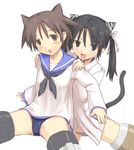  animal_ears bad_id bad_pixiv_id brown_hair cat_ears francesca_lucchini miyafuji_yoshika multiple_girls no_pants panties school_swimsuit school_uniform strike_witches striker_unit striped striped_panties susu_(ysy) swimsuit swimsuit_under_clothes tail twintails underwear world_witches_series 