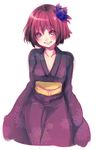  blue_eyes blush flower grin itou_nanami japanese_clothes kimono original red_hair smile solo 