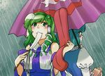  bad_id bad_pixiv_id blue_eyes blue_hair detached_sleeves frog gohei green_eyes green_hair hair_ornament karakasa_obake kochiya_sanae multiple_girls purple_umbrella rain short_hair snake tatara_kogasa tongue touhou umbrella yukataro 