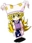  blonde_hair fox_tail genb hands_in_opposite_sleeves hat long_sleeves looking_at_viewer pillow_hat short_hair solo tail tassel touhou white_background wide_sleeves yakumo_ran yellow_eyes 