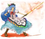  blue_hair boots chazke food fruit hat hinanawi_tenshi knee_boots long_hair peach solo sword sword_of_hisou touhou weapon 