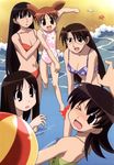  5girls :d :o ;o age_difference azumanga_daiou ball bangs barefoot beach beachball bikini black_eyes black_hair blue_bikini blush breasts brown_eyes brown_hair carrying casual_one-piece_swimsuit child cleavage clenched_hand day flat_chest flipped_hair floral_print glasses green_swimsuit happy highres kasuga_ayumu large_breasts long_hair medium_breasts mihama_chiyo mizuhara_koyomi multiple_girls navel nose_blush ocean official_art oguri_hiroko one-piece_swimsuit one_eye_closed open_mouth outdoors parted_bangs pink_swimsuit print_bikini print_swimsuit red_bikini rimless_eyewear sakaki scan seashell shell short_twintails small_breasts smile starfish surprised swimsuit takino_tomo twintails very_long_hair wading water 