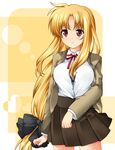  467_(artist) bad_id bad_pixiv_id black_bra blonde_hair bra breasts fate_testarossa hair_ribbon large_breasts lingerie long_hair low-tied_long_hair lyrical_nanoha mahou_shoujo_lyrical_nanoha_strikers open_clothes open_shirt red_eyes ribbon school_uniform shirt underwear very_long_hair yellow_background 