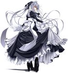  doa_(wabisabi) from_behind gloves high_heels long_hair looking_back maid maid_headdress original red_eyes shoes silver_hair smile solo very_long_hair 