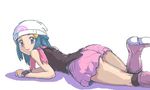  artist_request ass bare_shoulders blue_hair boots hat hikari_(pokemon) jpeg_artifacts long_hair lowres lying pink_footwear pokemon simple_background skirt smile solo white_background 