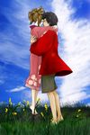  1girl bad_id bad_pixiv_id barefoot blush brown_hair couple day earrings eye_contact frown fukunoya fuu height_difference hetero highres hug japanese_clothes jewelry kimono looking_at_another mugen samurai_champloo size_difference sky smile squirrel tiptoes 