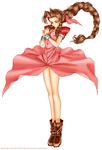  1girl aerith_gainsborough boots bow bracelet braid brown_hair closed_eyes cropped_jacket dated dress dress_lift final_fantasy final_fantasy_vii full_body hair_ribbon jewelry legs long_dress long_hair long_legs pink_bow pink_dress ribbon single_braid solo standing tanaka_takayuki very_long_hair watermark web_address white_background wind wind_lift 