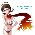  akizuki_ritsuko bikini braid brown_eyes brown_hair eunos glasses idolmaster idolmaster_(classic) scarf solo swimsuit twin_braids 