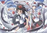  animal_ears bird black_hair crow detached_sleeves feathers hat inubashiri_momiji leaf marujin multiple_girls red_eyes shameimaru_aya shield short_hair sword tokin_hat touhou weapon white_hair wolf_ears 