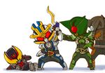  belt chibi kamen_rider kamen_rider_ixa kamen_rider_kabuto_(series) kamen_rider_kick_hopper kamen_rider_kiva kamen_rider_kiva_(series) kamen_rider_punch_hopper kaos multiple_boys sword weapon 