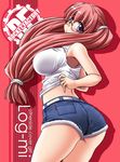  armpits ass back blush breasts character_name denim denim_shorts glasses huge_breasts log-mi_(tonpuu) long_hair looking_back original pink_hair purple_eyes shirt shorts solo tonpuu twintails 