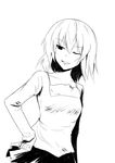  bad_id bad_pixiv_id bare_shoulders chipa_(arutana) collarbone cowboy_shot greyscale hand_on_hip monochrome sasaki_(suzumiya_haruhi) simple_background solo suzumiya_haruhi_no_yuuutsu tank_top white_background 