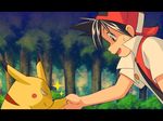  bad_id bad_pixiv_id baseball_cap black_hair forest gen_1_pokemon handshake hat letterboxed male_focus nature open_mouth pikachu pokemon pokemon_(creature) pokemon_special red_(pokemon) red_eyes sparkle sweatdrop yagitori you_gonna_get_raped 