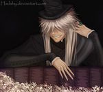  fingernails flower grin hat jewelry kuroshitsuji long_fingernails long_hair male_focus ring scar silver_hair smile solo undertaker_(kuroshitsuji) 