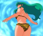  animal_print ass back bad_id bad_pixiv_id bare_shoulders bikini blue_eyes fang from_behind green_hair horns kanai_makoto_(kanaman7) long_hair looking_back lum pointy_ears solo swimsuit tiger_print urusei_yatsura 