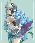  aqua_background armor armored_dress bad_id bad_pixiv_id bare_shoulders blue_eyes blue_flower blue_rose choker crown dress flower gwendolyn miso_katsu odin_sphere rose short_hair silver_hair strapless strapless_dress wings 