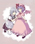  apron bat_wings blue_eyes blue_hair braid hat ibuki_hasu izayoi_sakuya maid_headdress multiple_girls red_eyes remilia_scarlet short_hair silver_hair thighhighs touhou twin_braids wings wrist_cuffs 