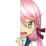  :d akashi_(kantai_collection) eyebrows_visible_through_hair green_eyes hair_ornament hair_ribbon kantai_collection long_hair looking_at_viewer nagineko open_mouth peeking_out pink_hair ribbon school_uniform serafuku smile solo transparent_background 