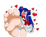  barefoot blue_hair closed_eyes dress fairy_tail feet heart highres md5_mismatch open_mouth panties pantyshot pov_feet ribbon simple_background smile soles solo spoken_heart toes underwear wendy_marvell white_background white_dress 
