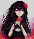  akemi_homura bad_id bad_pixiv_id black_hair crying crying_with_eyes_open dress flower funeral_dress grey_background hair_flower hair_ornament hairband hands_on_own_chest highres long_hair looking_at_viewer mahou_shoujo_madoka_magica mahou_shoujo_madoka_magica_movie nail_polish open_mouth red_eyes sheya simple_background solo spider_lily spoilers tears 