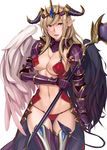  armor asymmetrical_wings bikini_armor blonde_hair breasts cleavage crown demon_girl demon_tail gauntlets horns kurowa large_breasts lilith_(p&amp;d) long_hair navel panties pauldrons pointy_ears puzzle_&amp;_dragons red_eyes revealing_clothes solo staff string_panties tail thigh_gap thighhighs underwear wings 