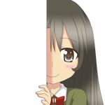  black_eyes black_hair c: chikuma_(kantai_collection) eyebrows_visible_through_hair kantai_collection long_hair looking_at_viewer nagineko peeking_out school_uniform smile solo transparent_background 