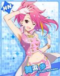  ;d artist_request bracelet character_name contrapposto crop_top fingerless_gloves gloves idolmaster idolmaster_million_live! jewelry looking_at_viewer maihama_ayumu million_dreams multicolored_hair navel necklace official_art one_eye_closed open_mouth pink_eyes pink_hair smile standing streaked_hair 