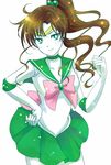  back_bow bishoujo_senshi_sailor_moon bow brown_hair choker clenched_hand ginnan gloves green_choker green_eyes green_sailor_collar green_skirt hair_bobbles hair_ornament hand_on_hip kino_makoto long_hair magical_girl pink_bow ponytail sailor_collar sailor_jupiter sailor_senshi_uniform simple_background skirt smile solo tiara white_background white_gloves 