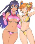  ass_visible_through_thighs bikini black_hair blue_eyes bracelet breasts captain_earth cleavage dark_skin elbow_gloves gloves grin hair_between_eyes hair_ornament highres jewelry large_breasts midriff multiple_girls mutou_hana navel one_eye_closed open_mouth orange_hair pink_bikini pink_gloves purple_eyes purple_hair short_hair simple_background small_breasts smile swimsuit temaeya_utsurou underboob v white_background yellow_bikini yellow_gloves yomatsuri_akari 