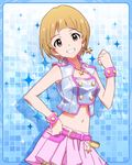  :d artist_request blonde_hair bracelet brown_eyes crop_top earrings fukuda_noriko grin hand_on_hip idolmaster idolmaster_million_live! jewelry looking_at_viewer million_dreams navel necklace official_art open_mouth pose short_hair skirt smile 