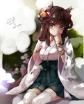  animal_ears bad_id bad_pixiv_id bell bow bracelet braid brown_hair covering_mouth dappled_sunlight hair_bow japanese_clothes jewelry jingle_bell long_hair miko original pink_eyes sitting solo sunlight thighhighs tukino_(panna) white_legwear 