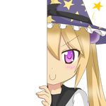  &gt;:) blonde_hair c: eyebrows_visible_through_hair hair_ornament hat humanization kantai_collection long_hair looking_at_viewer majokko_(kantai_collection) nagineko peeking_out purple_eyes school_uniform serafuku smile solo transparent_background v-shaped_eyebrows witch_hat 