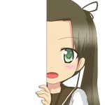  ayanami_(kantai_collection) bow brown_hair eyebrows_visible_through_hair green_eyes hair_bow hair_ribbon kantai_collection long_hair looking_at_viewer nagineko open_mouth peeking_out ribbon school_uniform serafuku solo transparent_background 