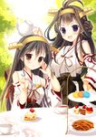  :d ahoge bare_shoulders blush brown_eyes brown_hair cake cup detached_sleeves double_bun food fork fruit grey_hair hand_on_hip haruna_(kantai_collection) headgear kantai_collection kongou_(kantai_collection) licoco long_hair looking_at_viewer macaron multiple_girls nontraditional_miko open_mouth outdoors pie plate pleated_skirt purple_eyes sitting skirt slice_of_cake smile standing strawberry strawberry_shortcake table teacup teapot tiered_tray v-shaped_eyebrows 