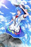  arm_up awai_shiro bad_id bad_pixiv_id blue_hair blue_sky bow cloud cross-laced_footwear day food fruit hat hinanawi_tenshi long_hair open_mouth peach pink_eyes puffy_short_sleeves puffy_sleeves shirt short_sleeves skirt sky smile solo touhou 