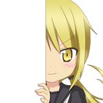  &gt;:) blonde_hair eyebrows_visible_through_hair kantai_collection long_hair looking_at_viewer nagineko peeking_out satsuki_(kantai_collection) school_uniform serafuku smile solo transparent_background v-shaped_eyebrows yellow_eyes 