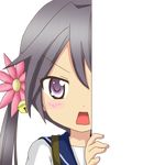  akebono_(kantai_collection) bell black_hair eyebrows_visible_through_hair flower hair_bell hair_flower hair_ornament jingle_bell kantai_collection long_hair looking_at_viewer nagineko open_mouth peeking_out purple_eyes school_uniform serafuku side_ponytail solo transparent_background 