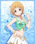  :d artist_request blonde_hair blue_background bracelet brown_eyes crop_top earrings fukuda_noriko grin hand_on_hip idolmaster idolmaster_million_live! jewelry looking_at_viewer million_dreams navel necklace official_art open_mouth pose short_hair skirt smile 